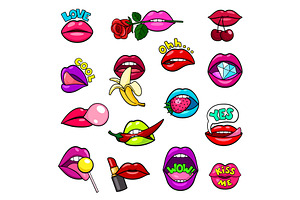 Lips stickers. Comic patch, girl, an Illustration by LadadikArt
