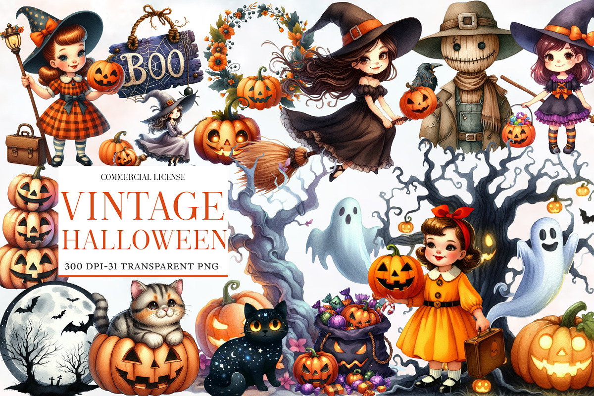 Vintage Halloween Clipart Bundle, an Illustration by Designworld (Photo 1 of 5)