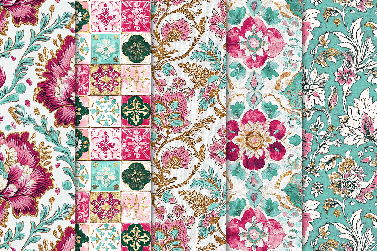 Pink & Aqua Boho Floral Designs, a Pattern Graphic by Maishop (Photo 2 of 4)