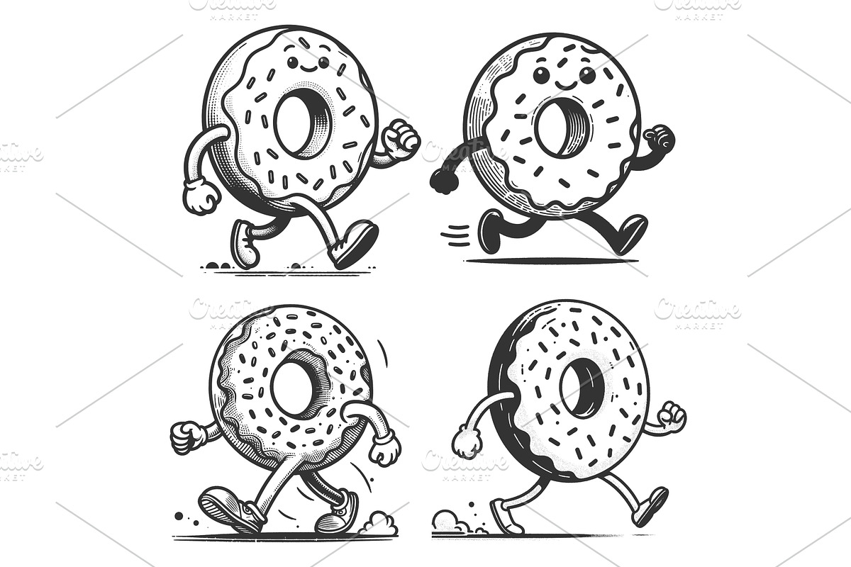 Cute Walking Donut Characters vector, a Food Illustration by AlexArt