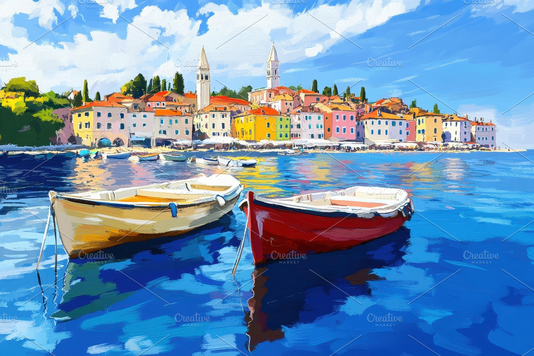 Two boats, one yellow and one red, a, a Photo by Tanuart