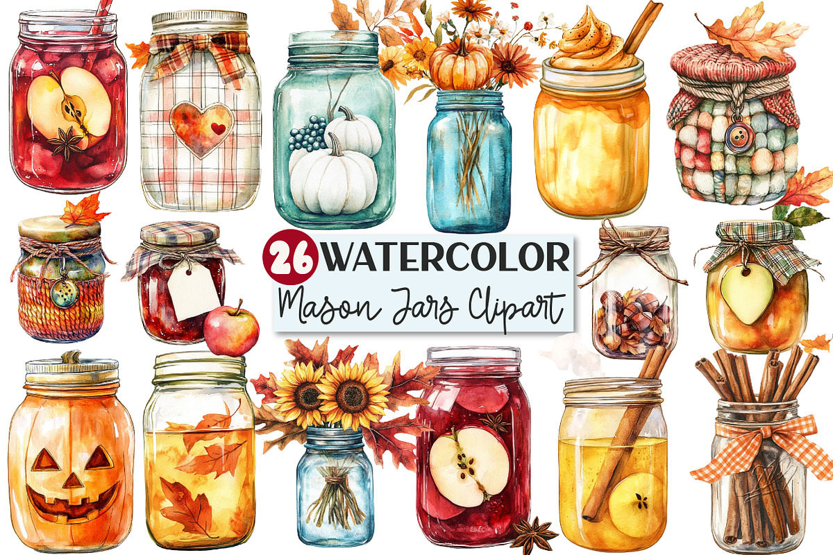 Watercolor Fall Mason Jars Clipart, an Illustration by Rose Art (Photo 1 of 7)