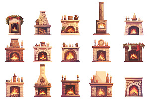 Cartoon set of cozy stone fireplaces, an Object Illustration by LadadikArt