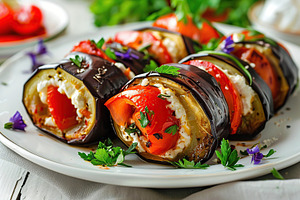 Rolled up eggplant stuffed with cheese and tomatoes in plate, a Food & Drink Photo by AlyaAnd