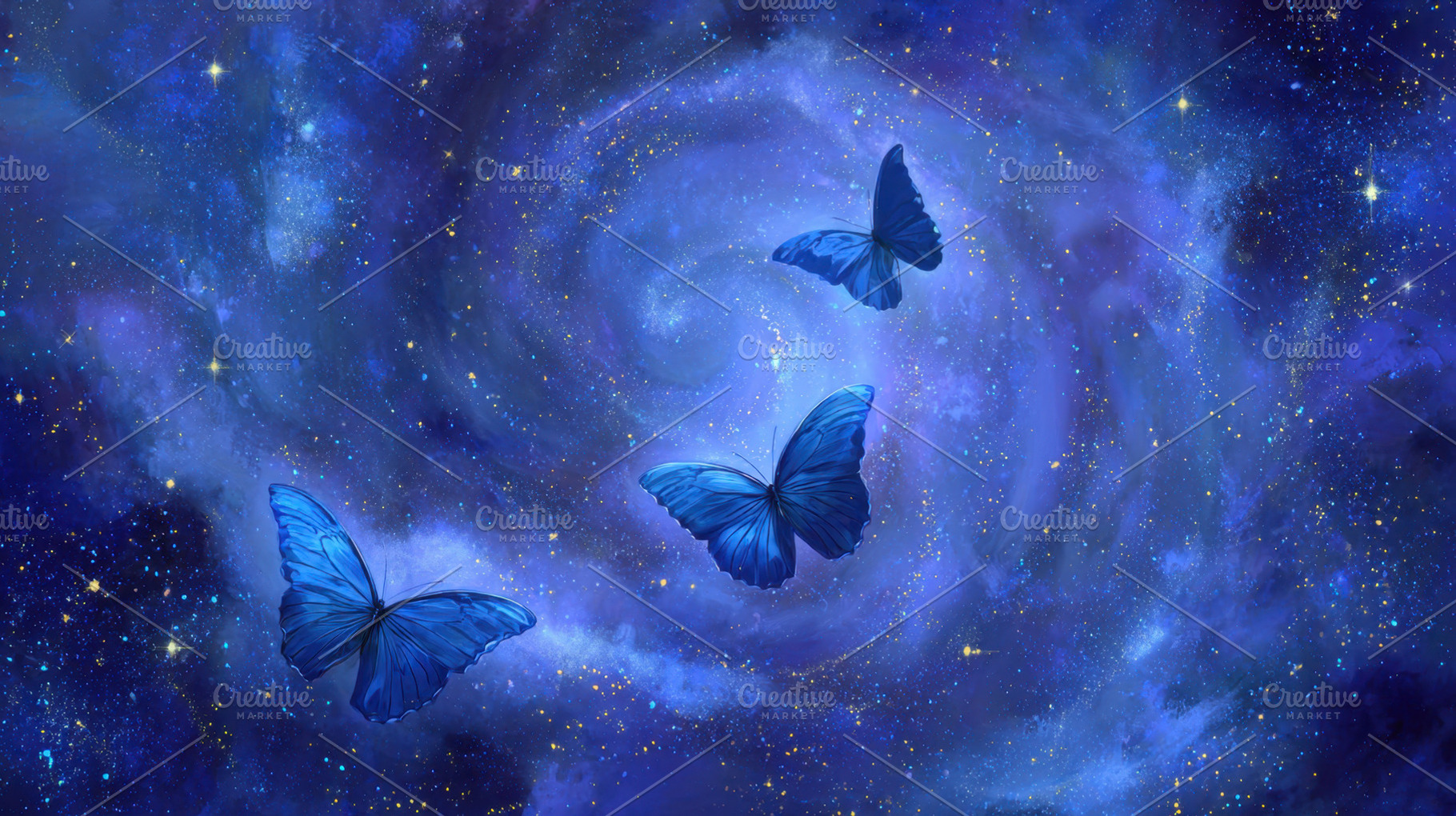 Butterflies fly in a blue galaxy, a Photo by Beautiful things