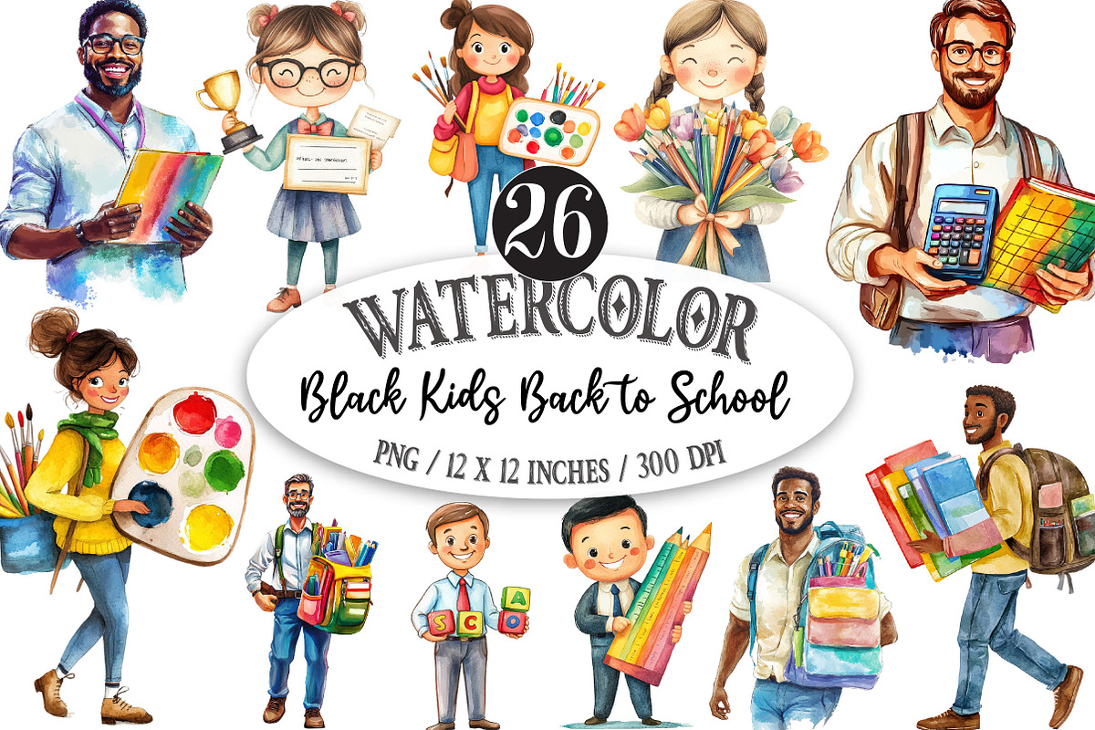 Black Kids Back to School Clipart, a Seasonal Illustration by Designking (Photo 1 of 5)