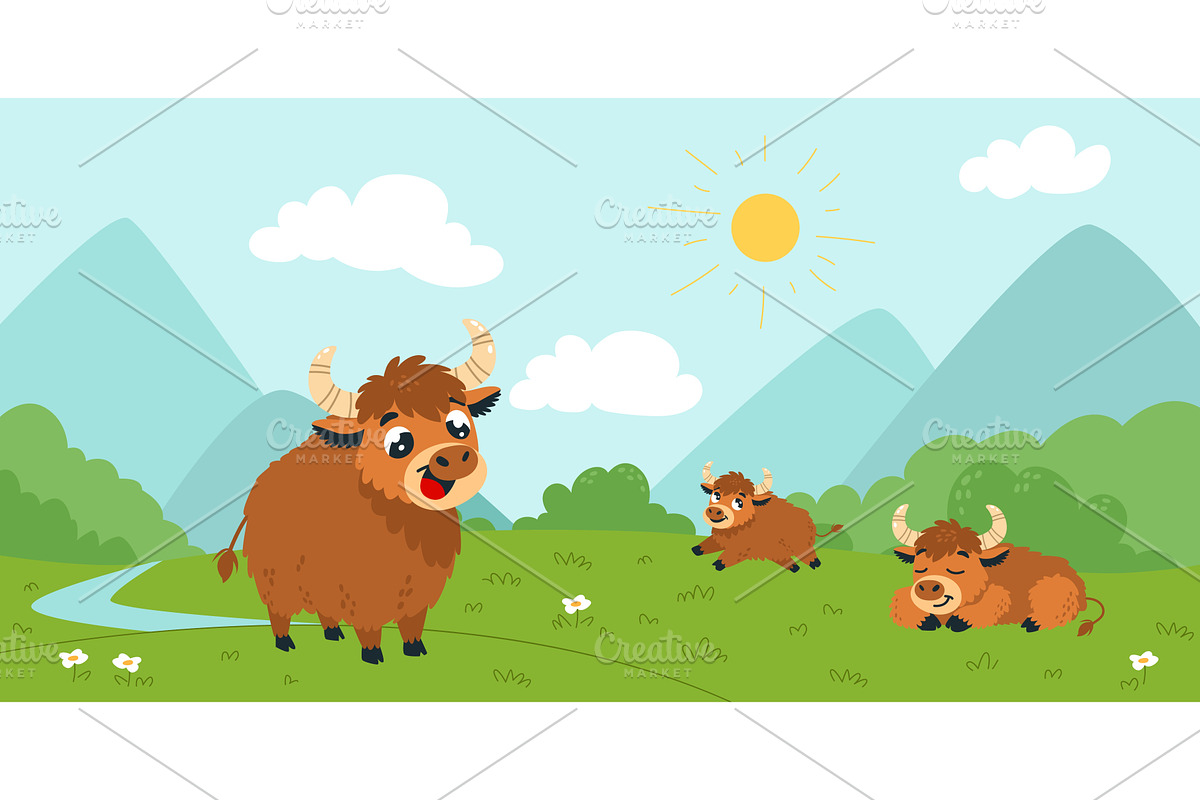 Yaks on green valley. Cartoon cattle, an Animal Illustration by LadadikArt