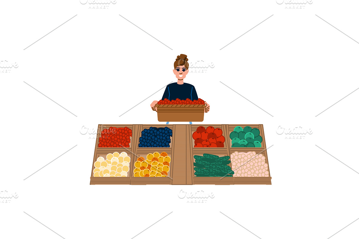 Greengrocer holding crate with fresh, a Food Illustration by pikepicture