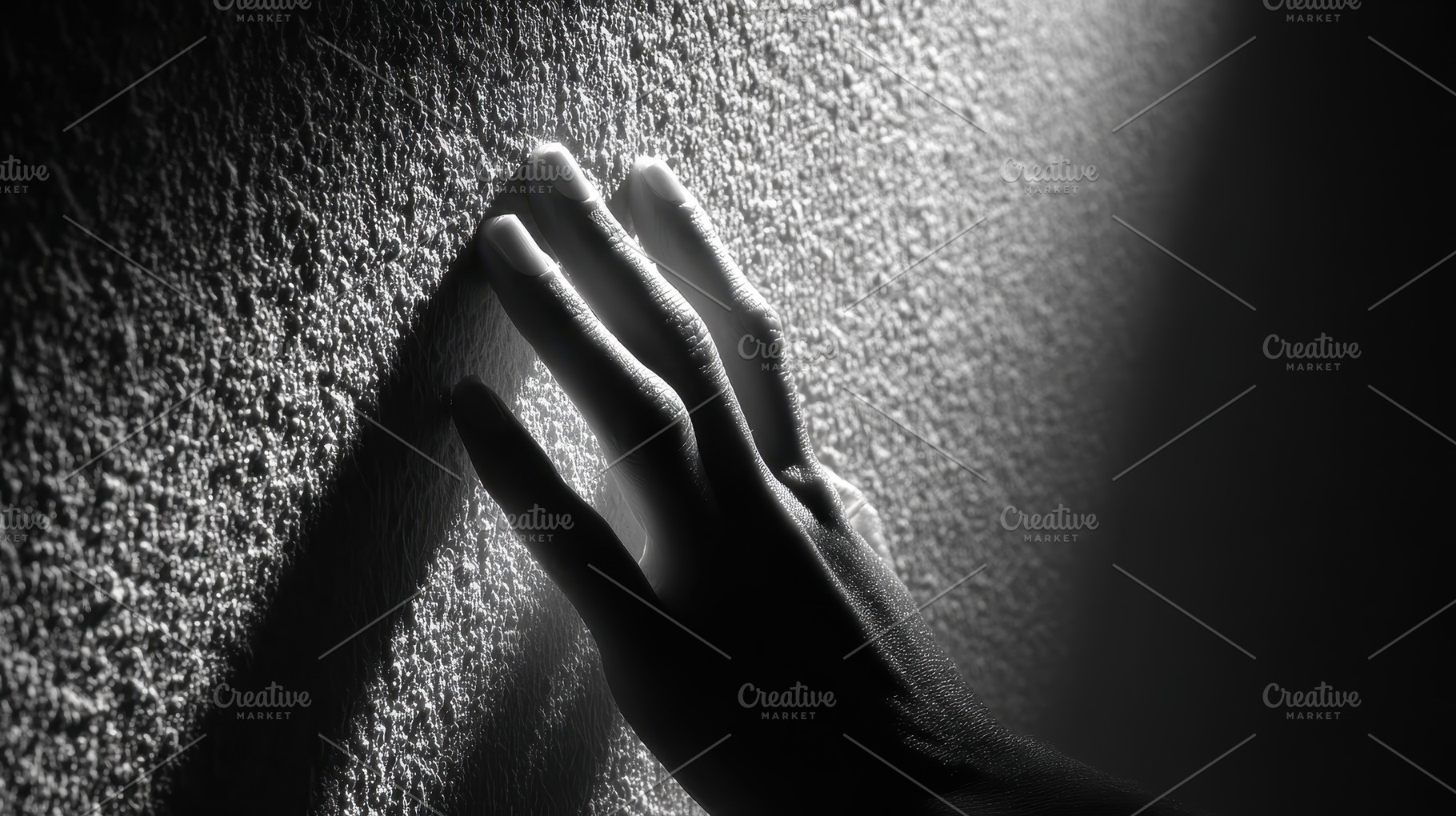 Hand on textured wall black and whit, a Photo by Pixeness Studio