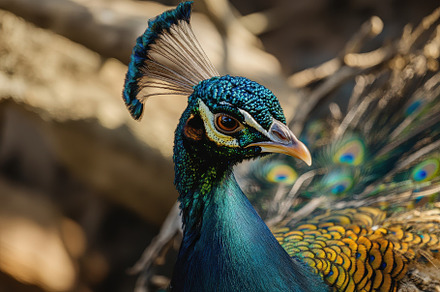 A peacock showcases its striking plu, a Photo by Tanuart