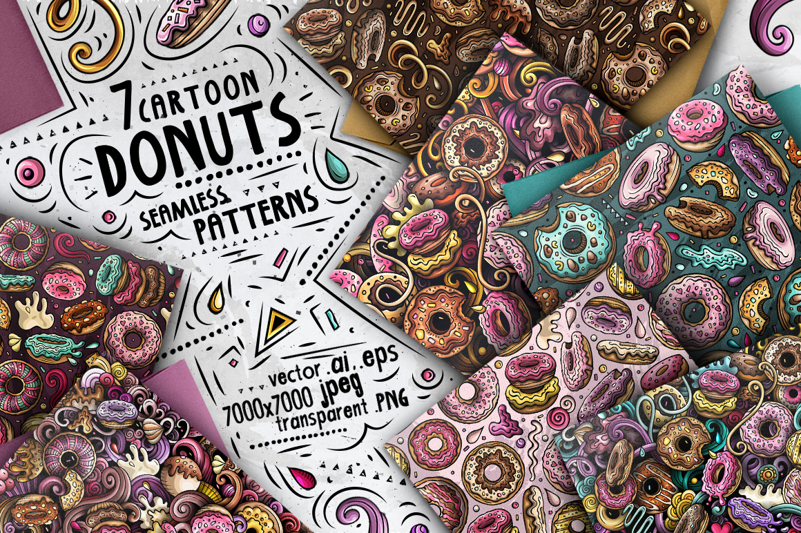 7 Donuts Cartoon Seamless Patterns, a Pattern Graphic by BALABOLKA
