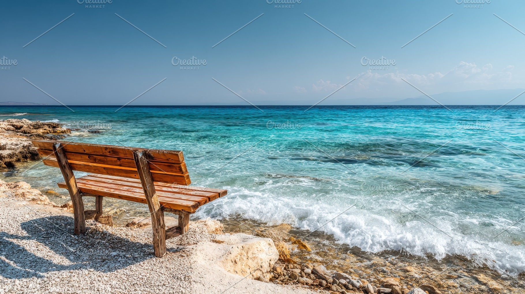 Wooden bench by the sea with clear, a Photo by Pavel_design