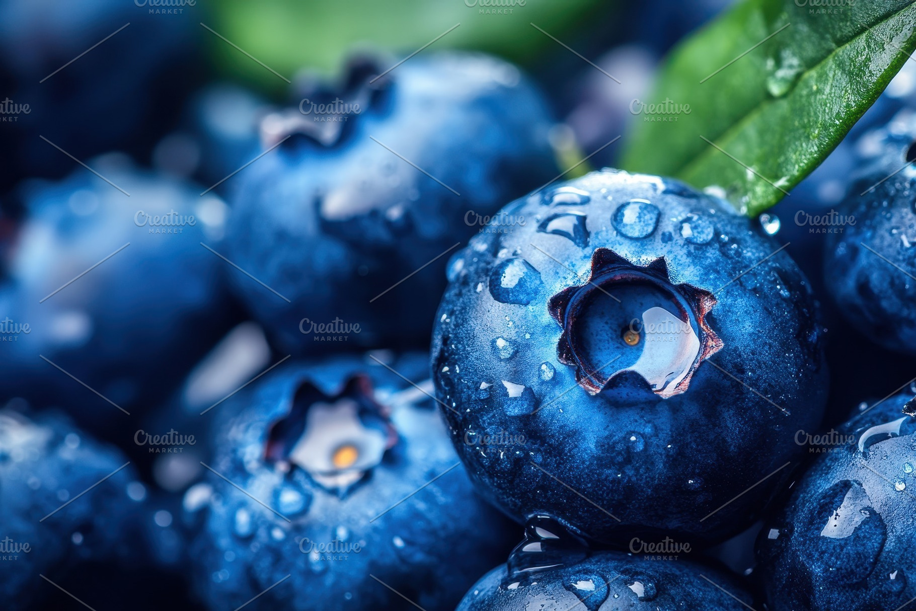 Fresh blueberries with droplets, a Photo by Pavel_design