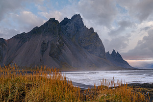 Sunrise Stokksnes cape sea beach and Vestrahorn Mountain, Icelan, a Nature Photo by YuriyB