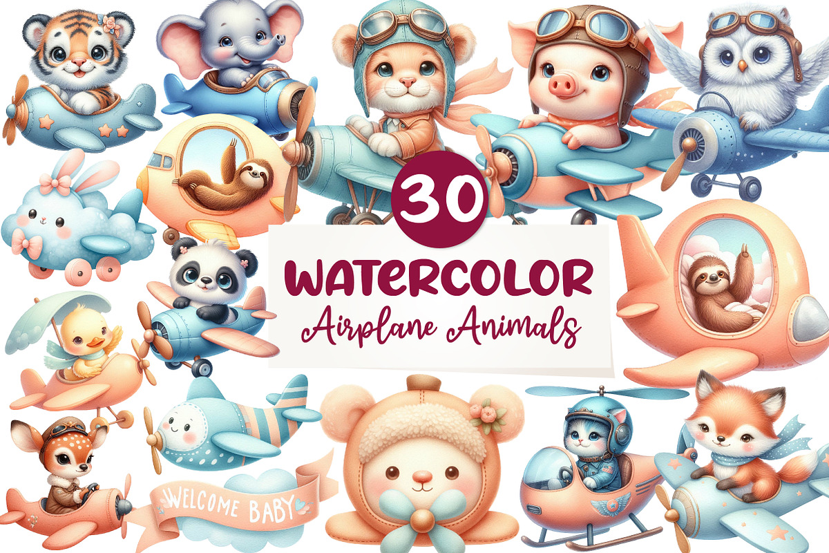 Airplane watercolor clipart Cute, an Illustration by CreationArt (Photo 1 of 9)