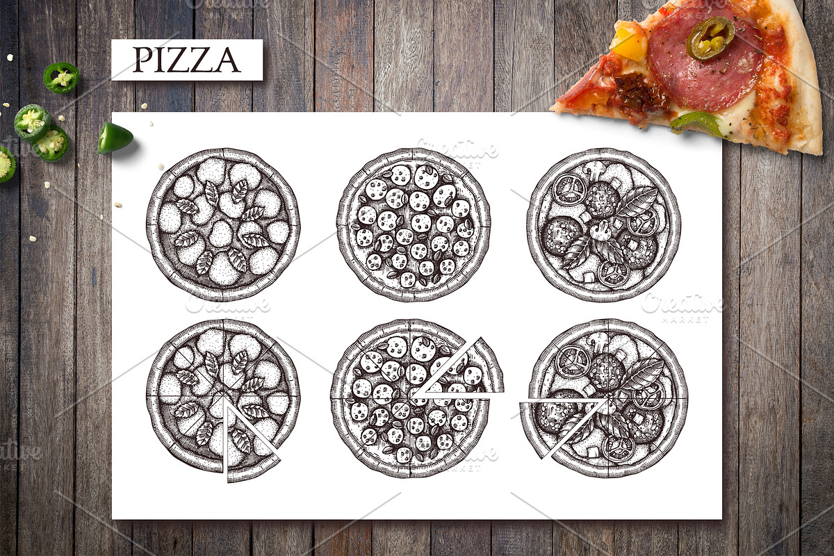 Hand-Drawn Pizza Ingredients Vectors, a Food Illustration by Yevheniia (Photo 3 of 14)