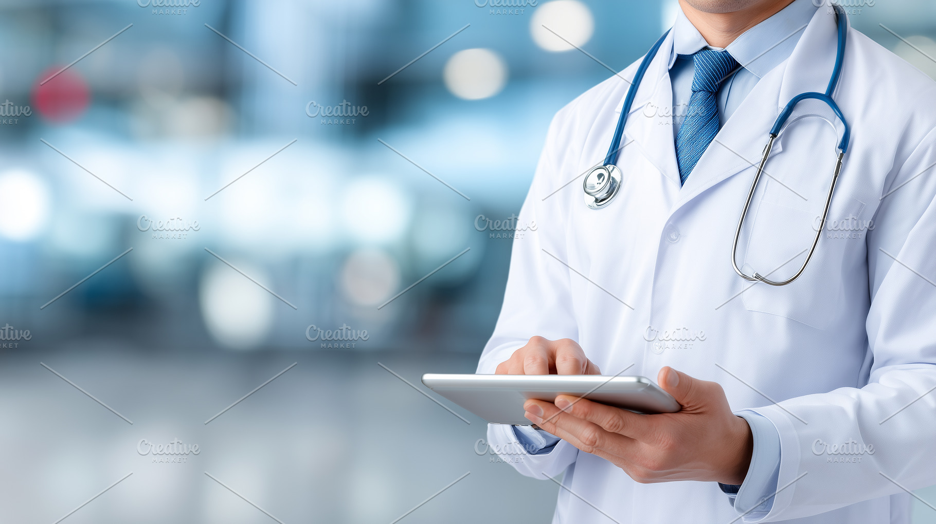 Male doctor in white coat use tablet, a Health & Medical Photo by MistyDay
