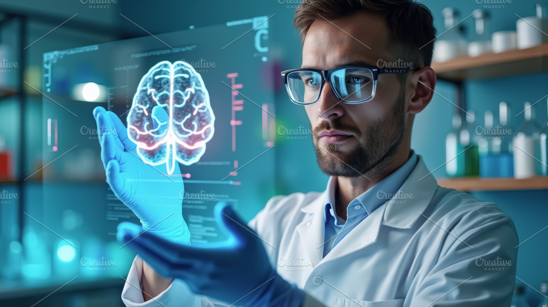 Scientist with brain hologram analyz, a Photo by angellodeco