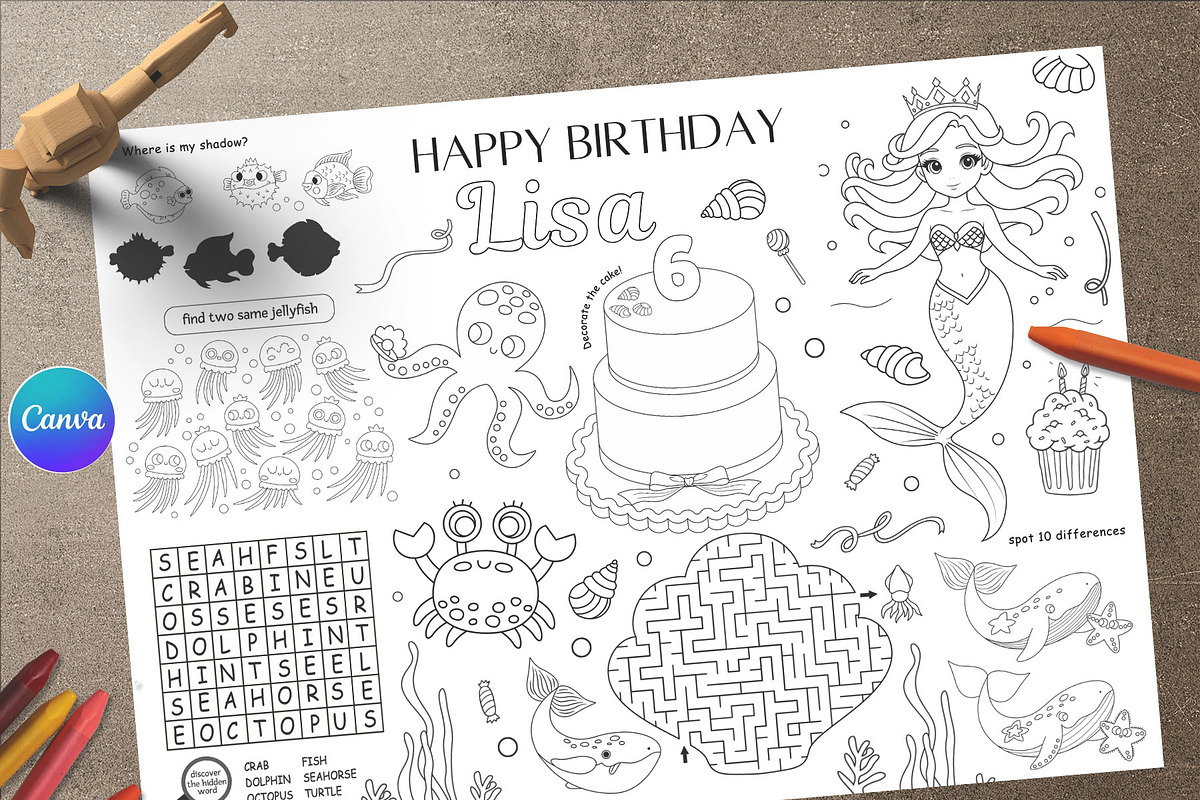 Mermaid Birthday Coloring page, a Poster Template by AIW SOLUTIONS (Photo 1 of 3)