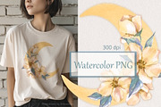 Watercolor Floral Moon PNG, a Decorative Illustration by Gribanessa (Thumbnail 2 of 2)