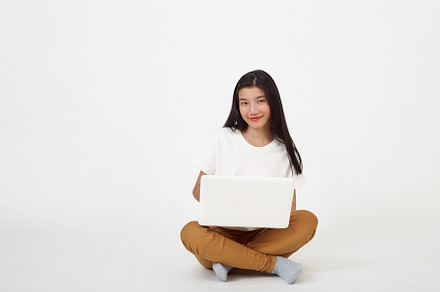woman attractive sitting on the floor using laptop, a Person Photo by 1981 Rustic studio kan