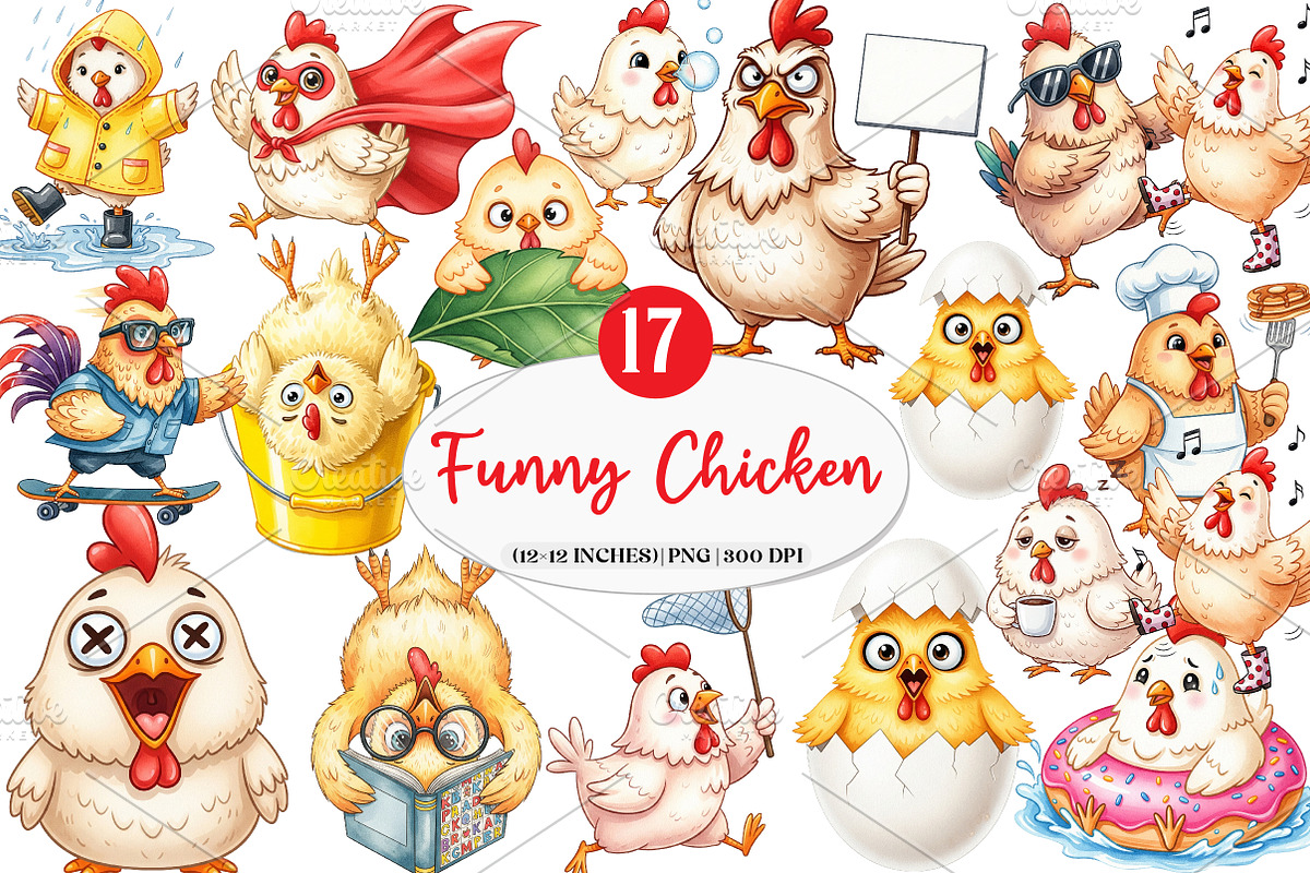 Funny Chicken Clipart, an Illustration by Watercolor design (Photo 1 of 4)