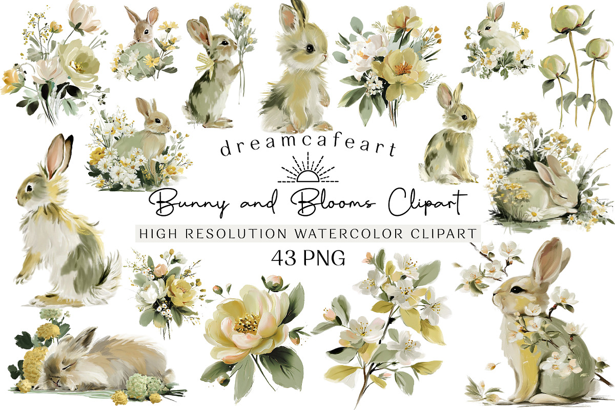 Bunny and Blooms Watercolor Clipart, an Illustration by DreamCafeArt (Photo 1 of 6)