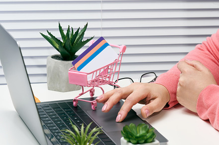 woman in a pink sweater makes purchases online with a laptop, a, a Business Photo by ndanko