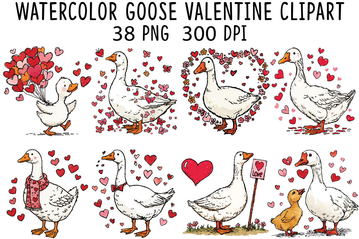 Watercolor Goose Valentine Clipart, an Illustration by CraftArtStudio (Photo 1 of 6)