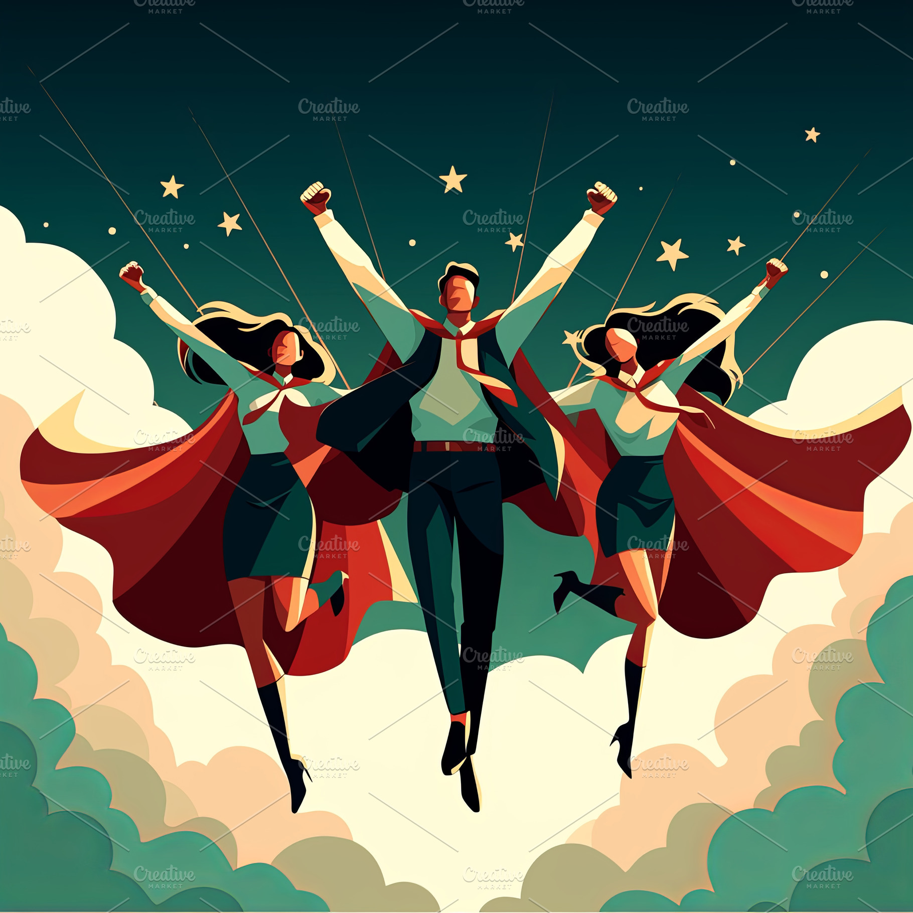 Business team in superhero style flying through the sky, a Photo by AS photostudio