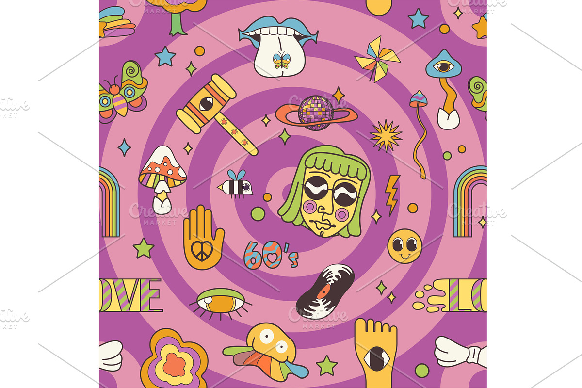 Groovy cartoon psychedelic seamless, an Illustration by Lemberg Vector
