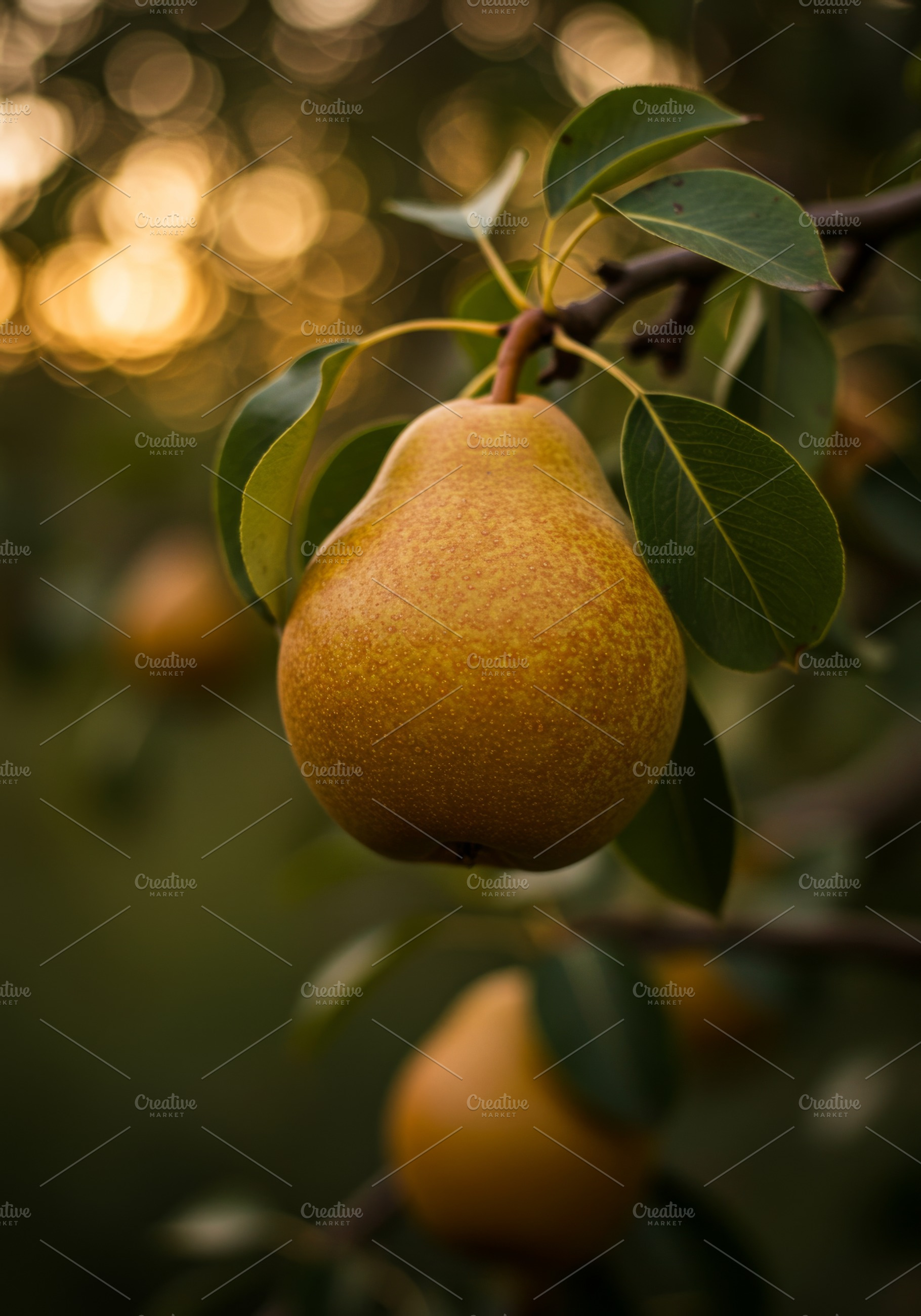 Ripe yellow pear hanging on a tree b, a Food & Drink Photo by professorinc