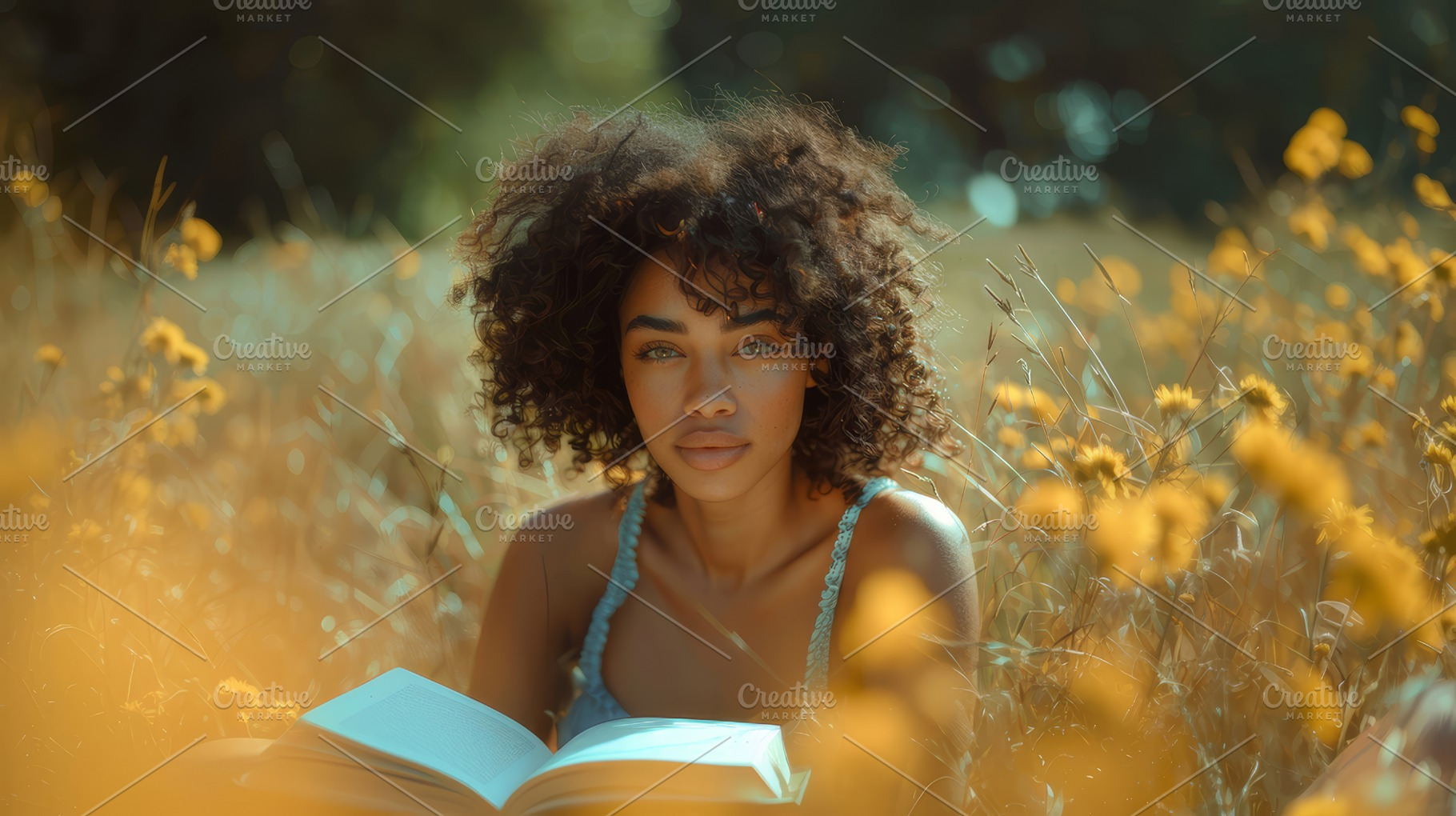 Charming African Girl with Natural Makeup Reading a Book in a Flower Field, a Photo by AS photostudio
