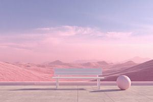Modern bench in a surreal landscape, a Photo by Beautiful things