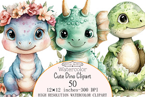 Watercolor Cute Dino Clipart