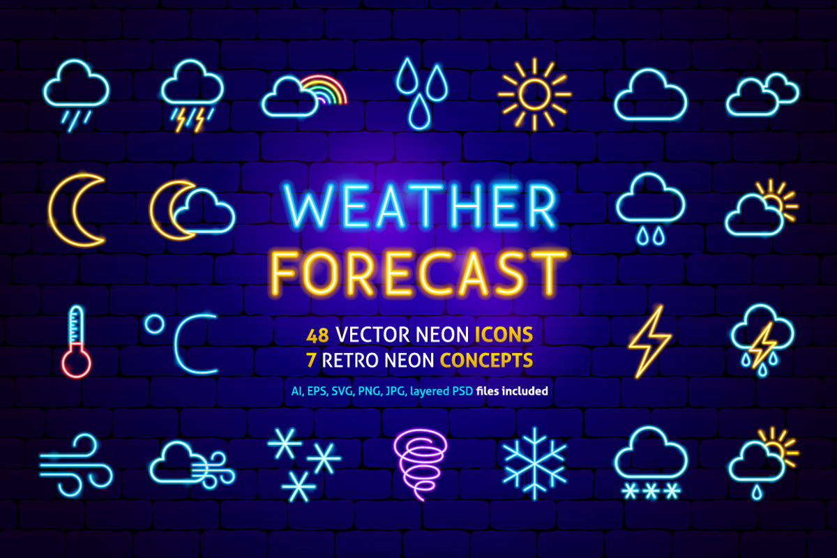Weather Neon Vector Icons Set, an Outline Icon by Anna_leni (Photo 1 of 11)
