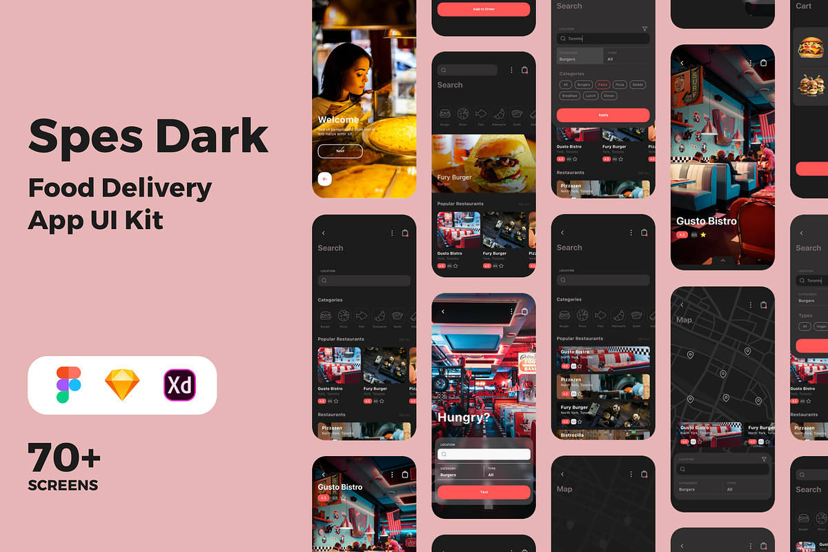 Spes Dark Food Delivery App UI Kit, an UI Kit Template by uicube (Photo 1 of 6)