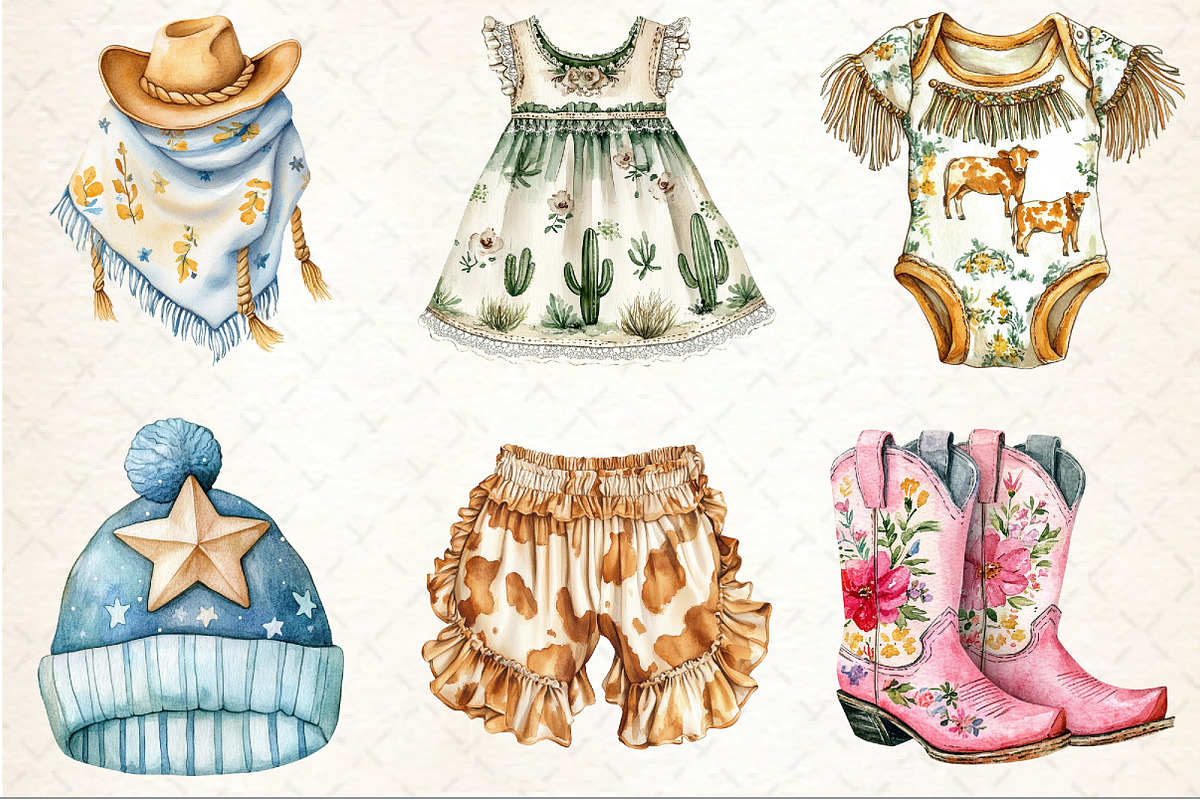 Watercolor Cowgirl Baby Clothes, a Seasonal Illustration by Rose Art (Photo 3 of 4)