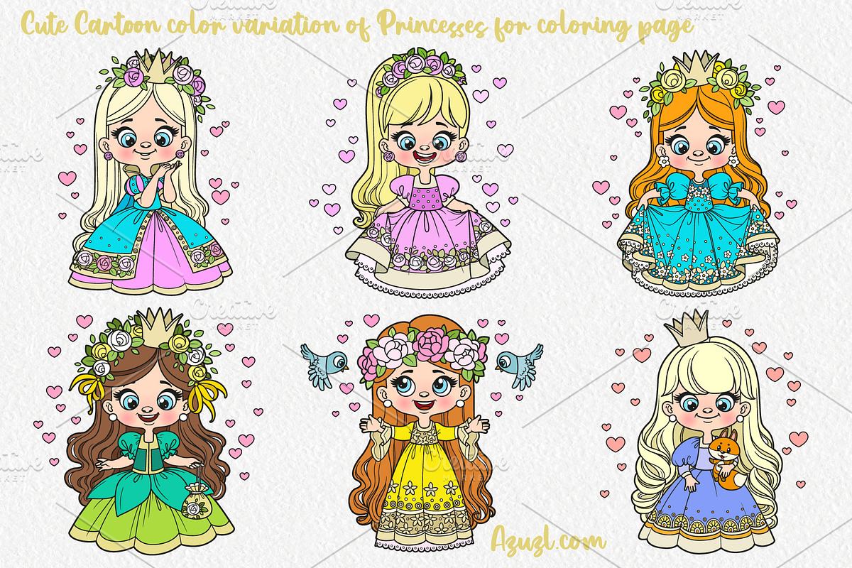 6 cute cartoon longhaired Princesses, an Illustration by Azuzlikus (Photo 3 of 4)