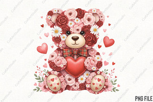 Pink Floral Valentine Teddy Bear PNG, an Illustration by CraftArtStudio