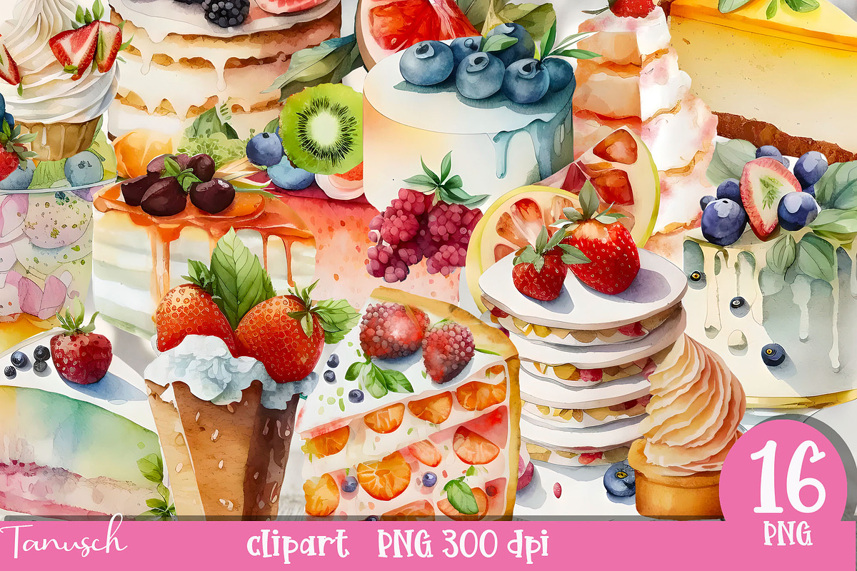 Watercolor Pastry Clipart Part 1, a Food Illustration by TanuschArts (Photo 1 of 5)