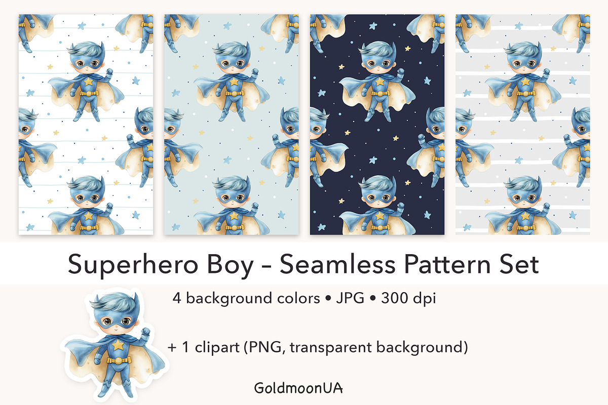 Superhero Boy Patterns & Clipart, a Person Illustration by GoldmoonUA (Photo 1 of 5)