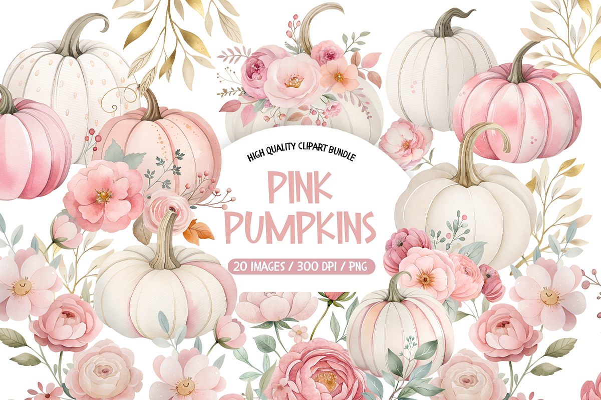 Pink Floral Pumpkin Clipart, an Illustration by TatiMockup (Photo 1 of 4)