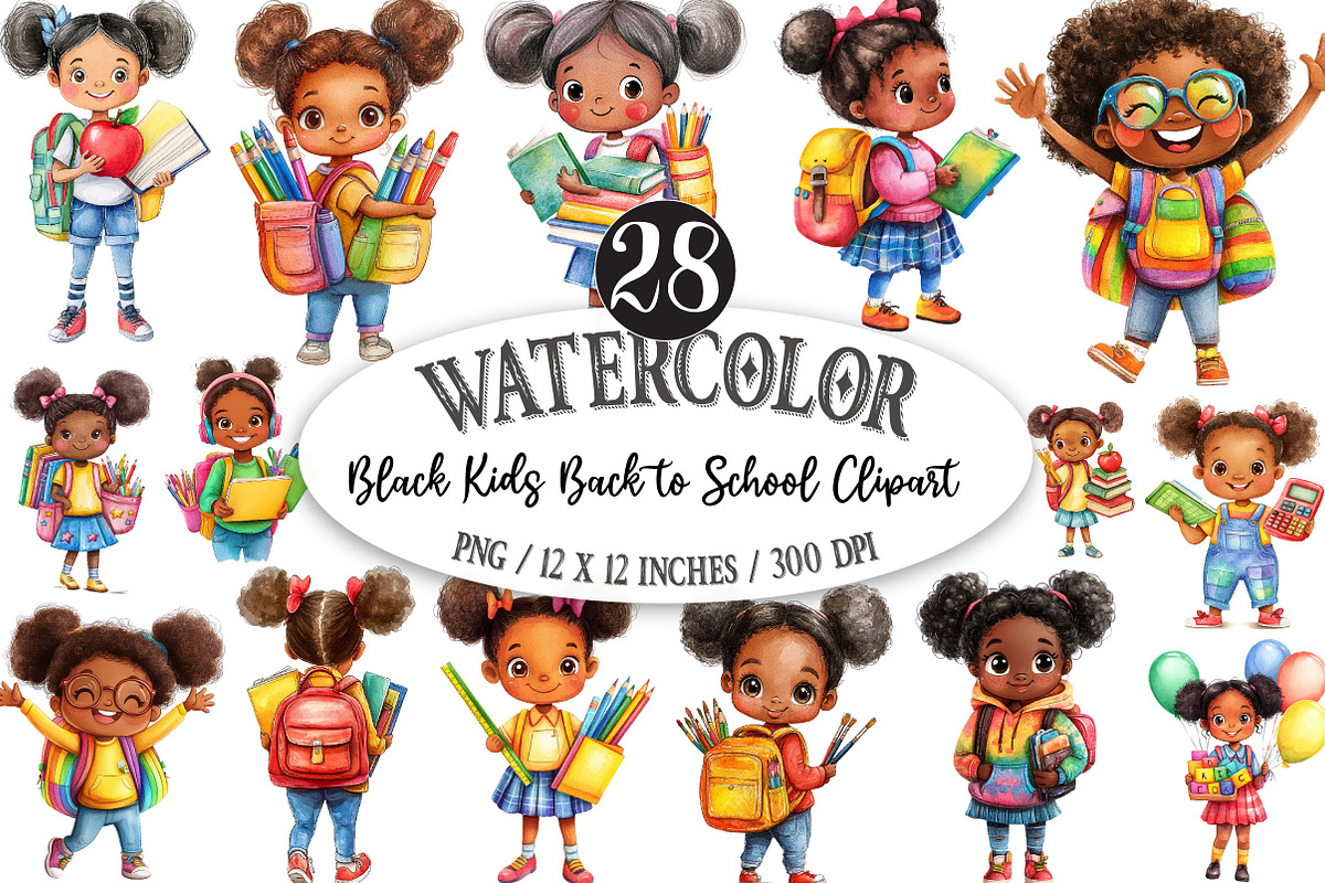 Black Kids Back to School Clipart, a Seasonal Illustration by Designking (Photo 1 of 5)