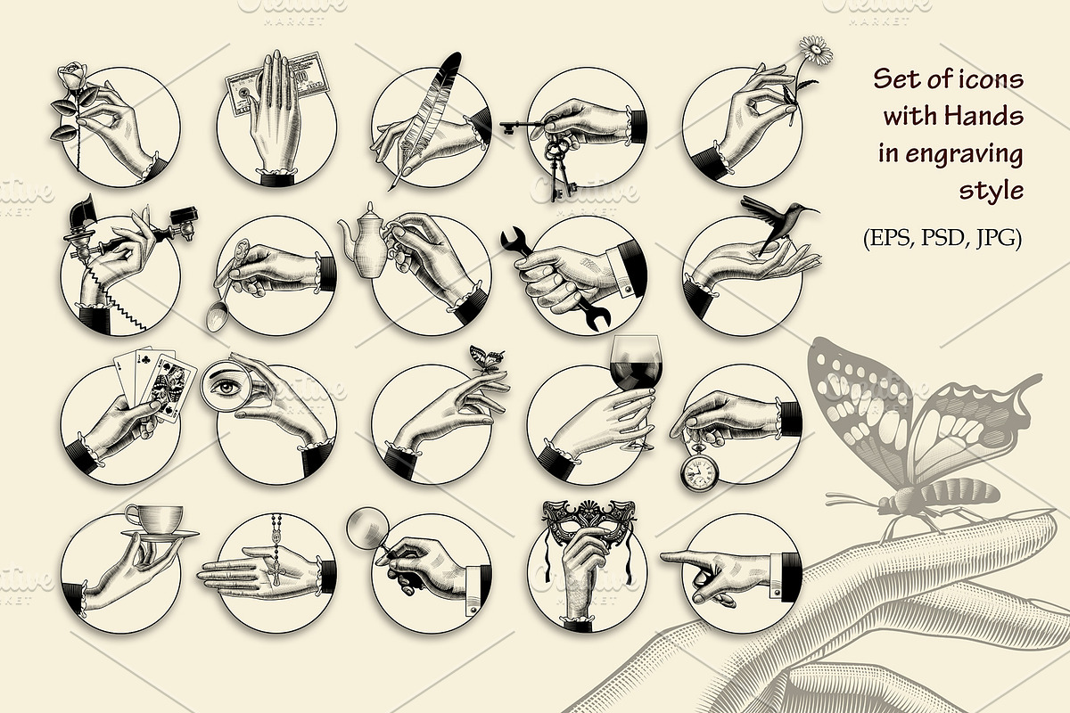 Vintage Engraved Hands Vector Set, a Person Illustration by Retro Graphic Box (Photo 1 of 8)