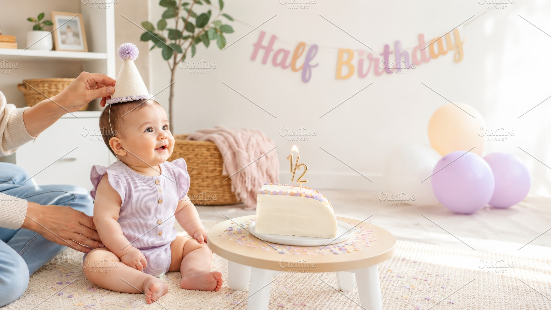 Baby celebrating half birthday with, a Photo by Dvoevnore photos