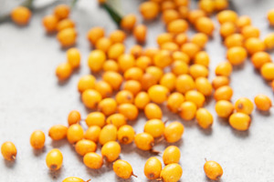 Sea buckthorn berries scattered on gray background, a Food & Drink Photo by Olena Rudo