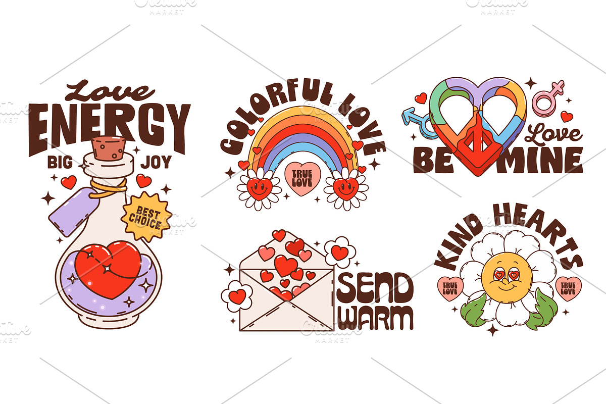 Valentine and love groovy stickers, a Seasonal Illustration by Buch&Bee
