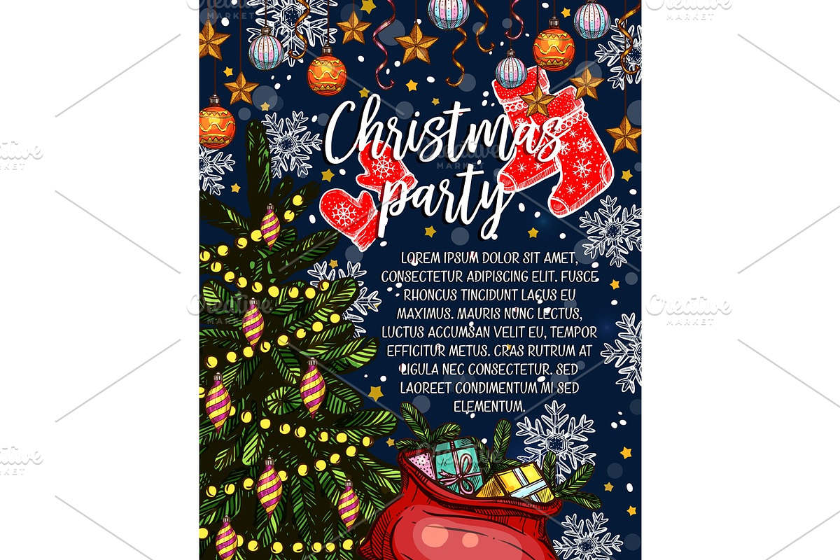 Christmas party vector sketch invitation poster, a Decorative Illustration by Vector Tradition