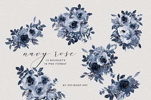 Navy Blue Watercolor Rose Clipart